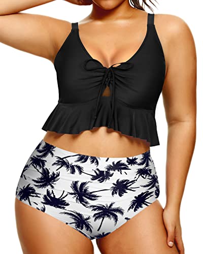 High Waisted Ruched Bikini Bottoms Plus Size Swimsuit-Black Palm Tree