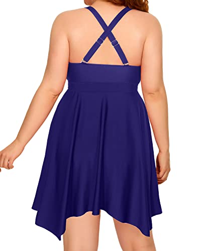 Ruffled Irregular Hem Two Piece Swimdress Boyshorts For Women-Navy Blue