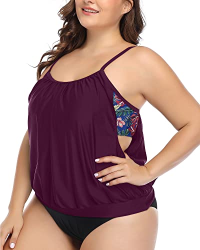 Adjustable Straps Padded Bra Tankini Swimsuits Shorts Plus Size-Wine Red Leaves