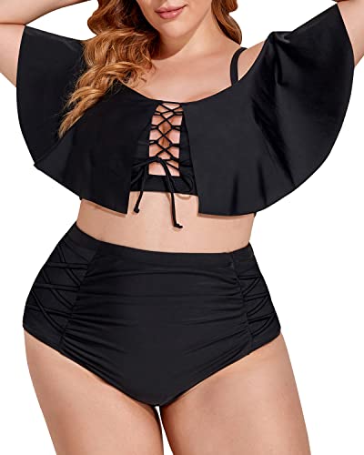 Ruffle Bikini Top Tummy Control Two Piece Swimsuit-Black