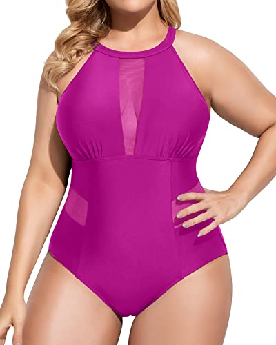 High Neck Plunge Mesh Cut Out Monokini Plus Size Swimsuit-Hot Pink
