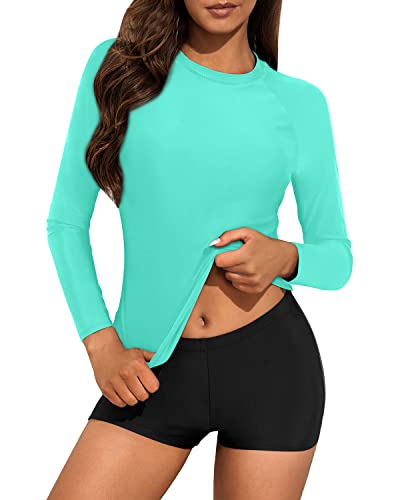 Fashionable Two Piece Ladies Rash Guard Set-Light Blue And Black