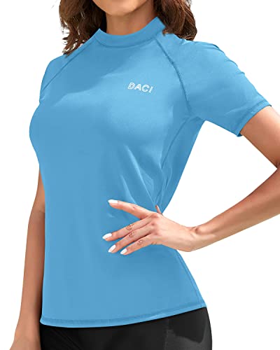 Women's Raglan Sleeves Rashguard Top Short Sleeve Rashguard Top Swim Shirt-Light Blue