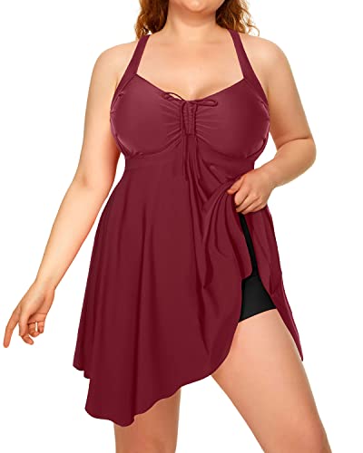 Slimming Flowy Tankini Bathing Suits Tummy Control For Women-Maroon