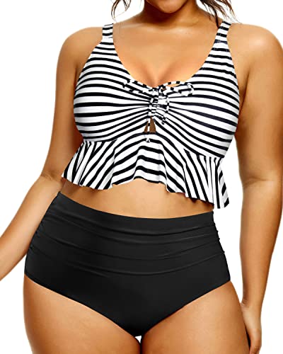 Women Plus Size Falbala Two Piece Swimsuits Ruffle Bathing Suits-Black And White Stripe