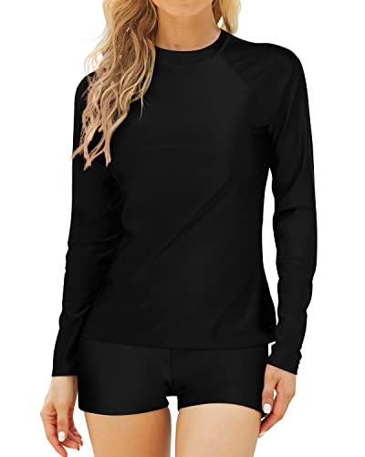 Women's Stretchy Swimwear Upf 50+ Protection Two Piece Crew Neck Long Sleeve Rashguard-Black
