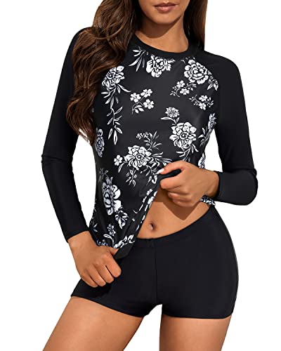 Long Sleeve Two Piece Rash Guard Bathing Suit For Women Boyshort Bottom-Black And White Flo