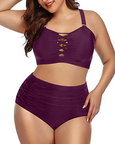 Two Piece Plus Size Ruched Tummy Control Bikini Lace Up Detail-Maroon