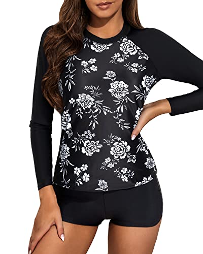 Long Sleeve Two Piece Rash Guard Bathing Suit For Women Boyshort Bottom-Black And White Flo
