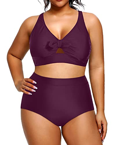 High Waisted Plus Size Bathing Suit 2 Piece Swimsuit-Maroon
