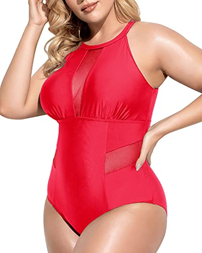 Charming High-Neck Plus Size Monokini For Curvy Women-Neon Red
