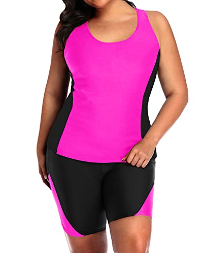 Women's Racerback Tummy Control Two Piece Tankini Set Boyshorts-Hot Pink