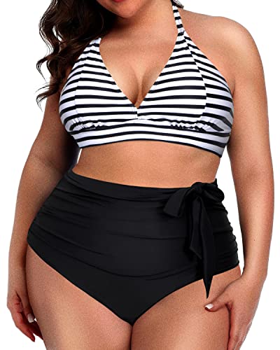 Two Piece Knotted High Waist Bikini Set For Plus Size Ladies-Black And White Stripe