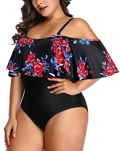 Charming Flounce Top Off Shoulder Swimsuit For Plus Size Women-Black And Red Floral