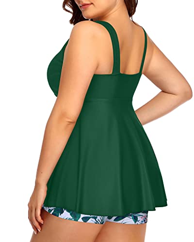 Full Coverage High Waisted Plus Size Tankini Swimsuit-Green Floral