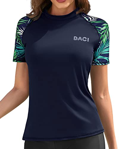 Breathable Women's Swim Top Short Sleeve Rashguard Top Swim Shirt-Blue Green Leaves