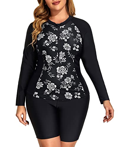 Full Body Coverage Rash Guard 2 Piece Plus Size Long Sleeve Rash Guard-Black And White Flo