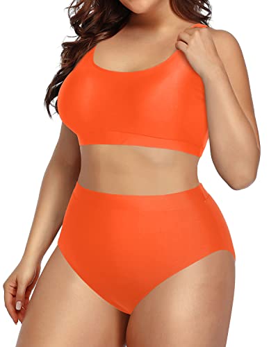Sporty Scoop Neck Plus Size Bikini Set High Waisted Bottoms-Neon Orange