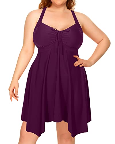 Adjustable Drawstring Plus Size Flowy Tankini Swimsuits For Women-Maroon