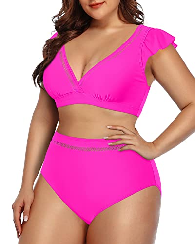 Comfortable Ruffled Sleeve Bikini Set Two Piece Swimsuits For Women-Neon Pink