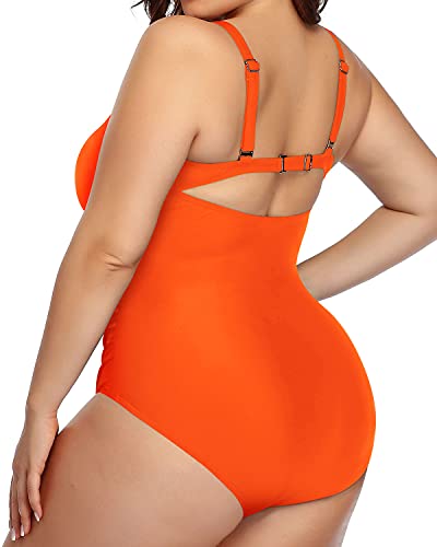 Fashionable Drawstring Cutout Plus Size Monokini Swimsuits-Neon Orange