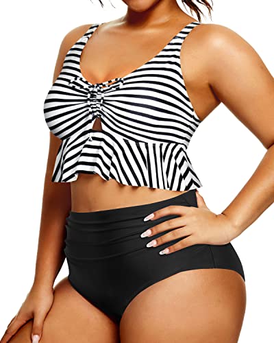 Women Plus Size Falbala Two Piece Swimsuits Ruffle Bathing Suits-Black And White Stripe