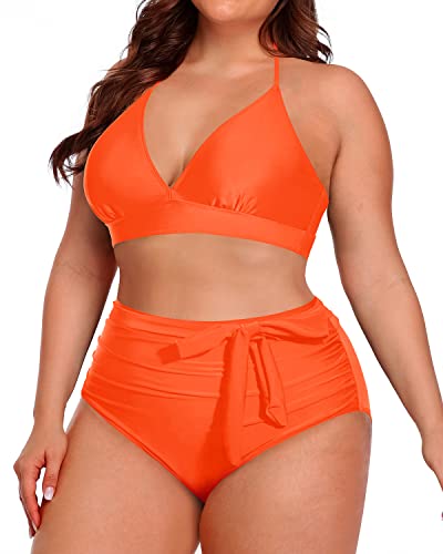 Two Piece Retro-Inspired Knotted High Waisted Bikini For Plus Size Women-Neon Orange