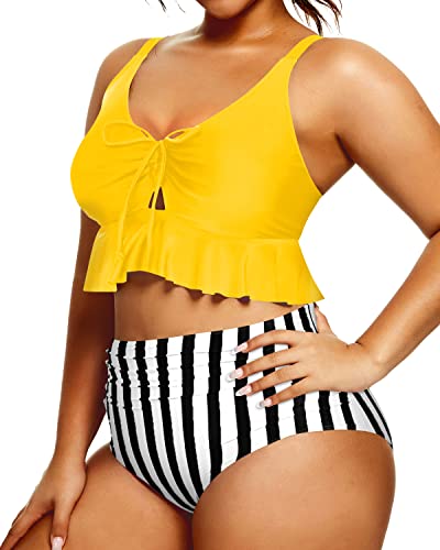 Stylish Ruched High Waisted Bikini Set For Curvy Women-Yellow And Stripe