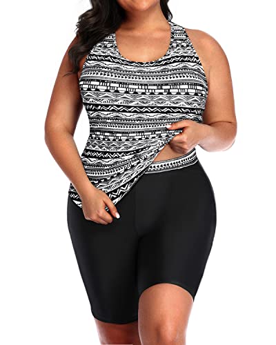 Flattering Tribal Plus Size Racerback Swimsuit Boyshorts For Women-Black Tribal