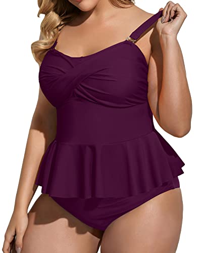 Removable Strap Twist Front Tankini Top High Waisted Tummy Control Bottom Plus Size Swimsuit-Maroon