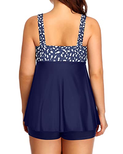 Full Coverage High Waisted Plus Size Tankini Boyshorts For Women-Blue Dot