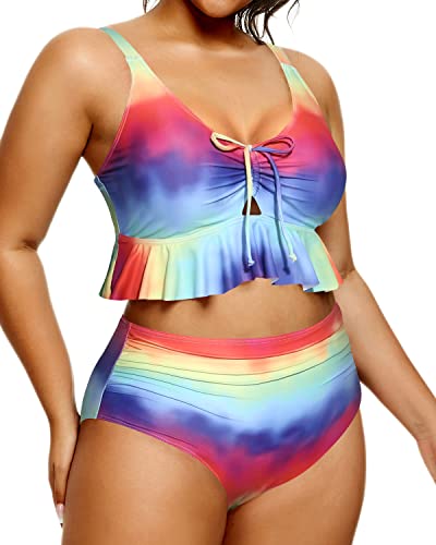 Fashionable Keyhole Front Bikini Set For Plus Size Women-Color Tie Dye