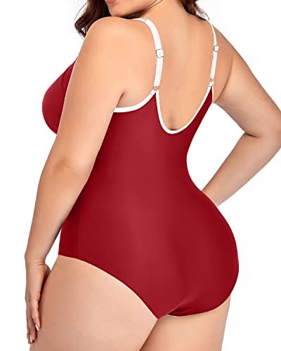 Full Coverage Ruched Tummy Control Monokini For Plus Size Women-Red
