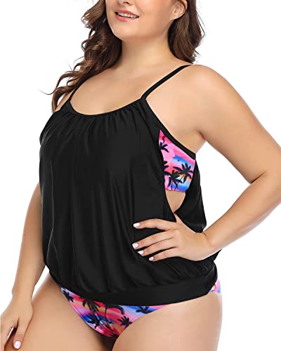 Deep Cut Blouson Tankini Swimsuits Shorts For Women Plus Size-Black Palm Tree
