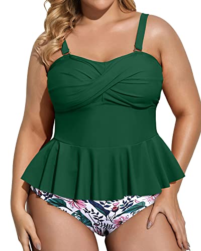 Ladies Vintage Twist Front Two Piece Plus Size Swimsuit-Green Pink Flower