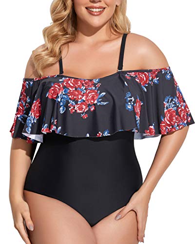 Charming Flounce Top Off Shoulder Swimsuit For Plus Size Women-Black And Red Floral