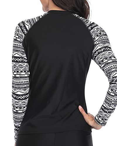 Women's Long Sleeve Rash Guard Swimsuit Built-In Bra And Shorts-Black And  White Snake Print