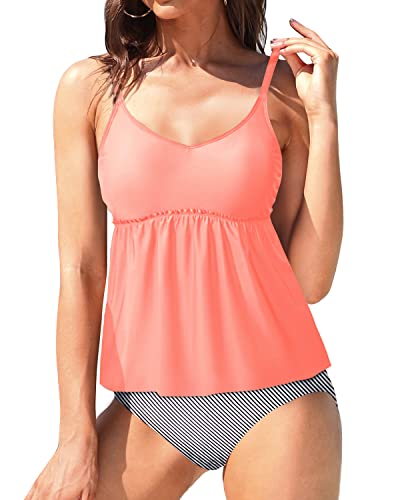 Stylish Peplum Swimsuit High Waisted Shorts-Coral Pink Stripe