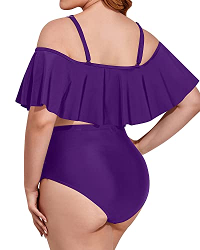Fashionable Plus Size Lace Up Bikini Flounce Top For Big Bust-Purple
