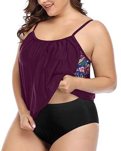 Adjustable Straps Padded Bra Tankini Swimsuits Shorts Plus Size-Wine Red Leaves