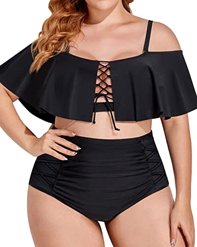 Ruffle Bikini Top Tummy Control Two Piece Swimsuit-Black