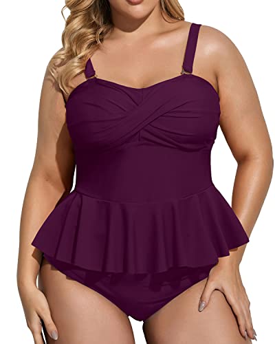 Removable Strap Twist Front Tankini Top High Waisted Tummy Control Bottom Plus Size Swimsuit-Maroon
