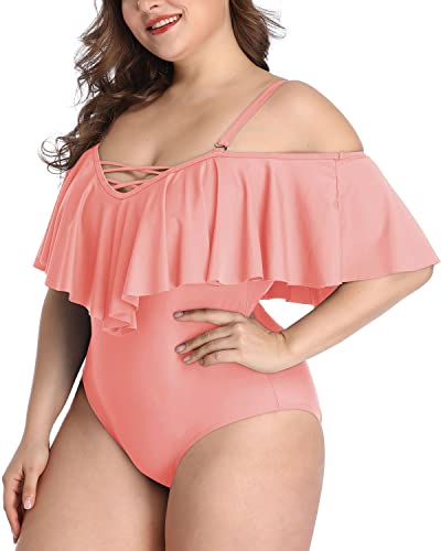 Adjustable Strap Off Shoulder Flounce Bathing Suits-Coral Pink