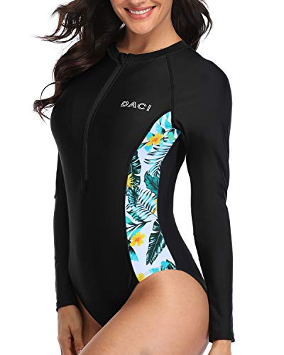 Women's Upf 50+ Zipper Rash Guard One Piece Swimsuit For Sun Protection-Black Leaf