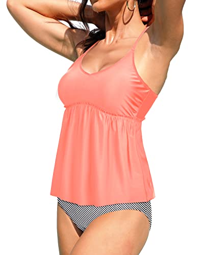 Stylish Peplum Swimsuit High Waisted Shorts-Coral Pink Stripe