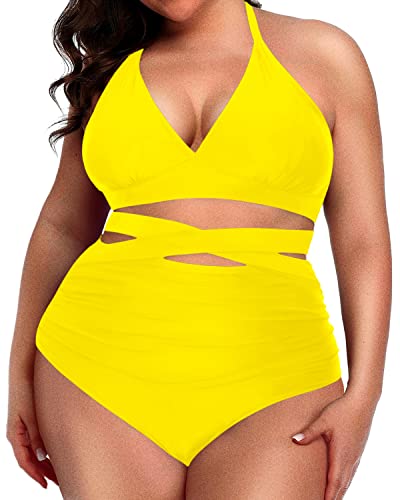 Stylish And Supportive Plus Size Two Piece Swimsuit-Neon Yellow