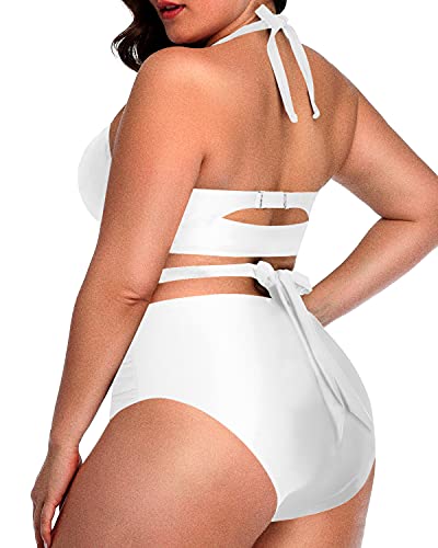 Stylish And Supportive Knotted High Waisted Plus Size Two Piece Swimsuit-White