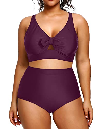 High Waisted Plus Size Bathing Suit 2 Piece Swimsuit-Maroon