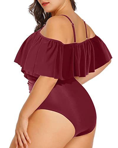 Halter Neck Tummy Control Plus Size Ruffled Swimsuit-Maroon