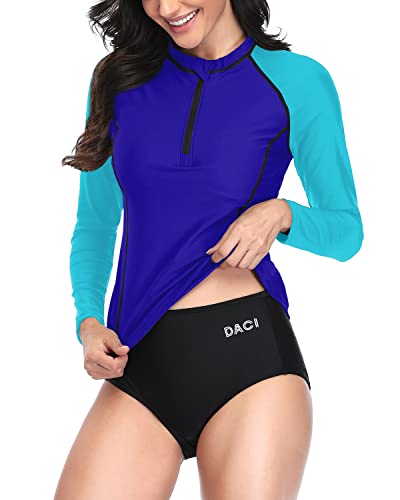 Long Sleeve Rash Guard Women's 2 Piece Bathing Suit Zipper-Black Blue Splicing